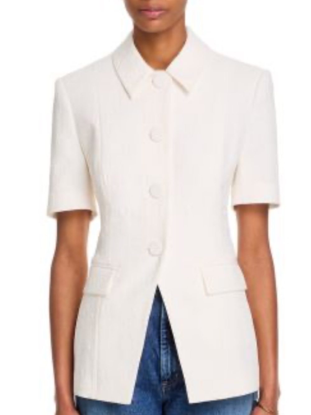 Veronica Beard Cream Short-Sleeve Jacquard Blazer